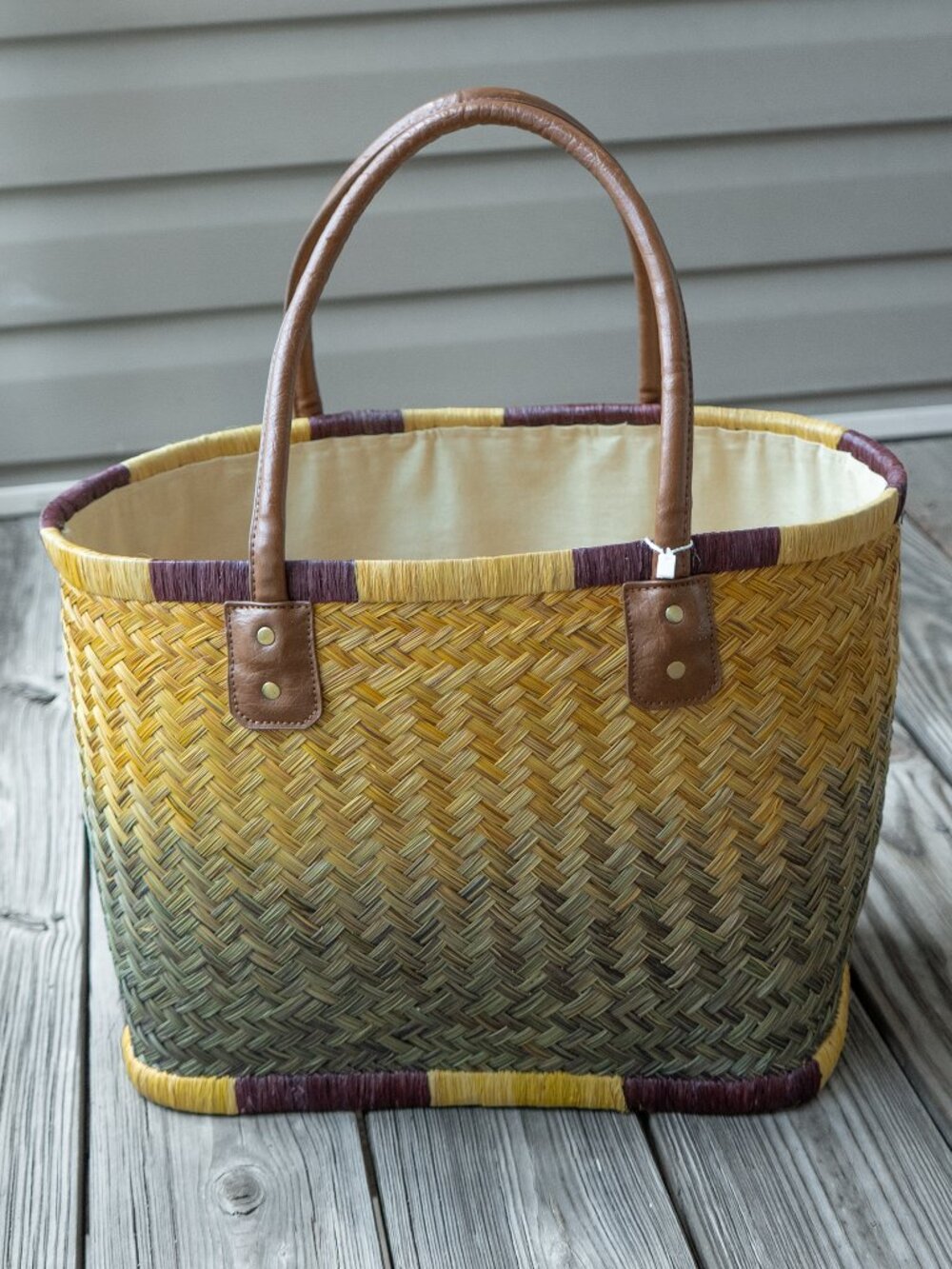 Straw Studios Woven Tote Bag Ombre Yellow Green Purple Large Beach Market Picnic